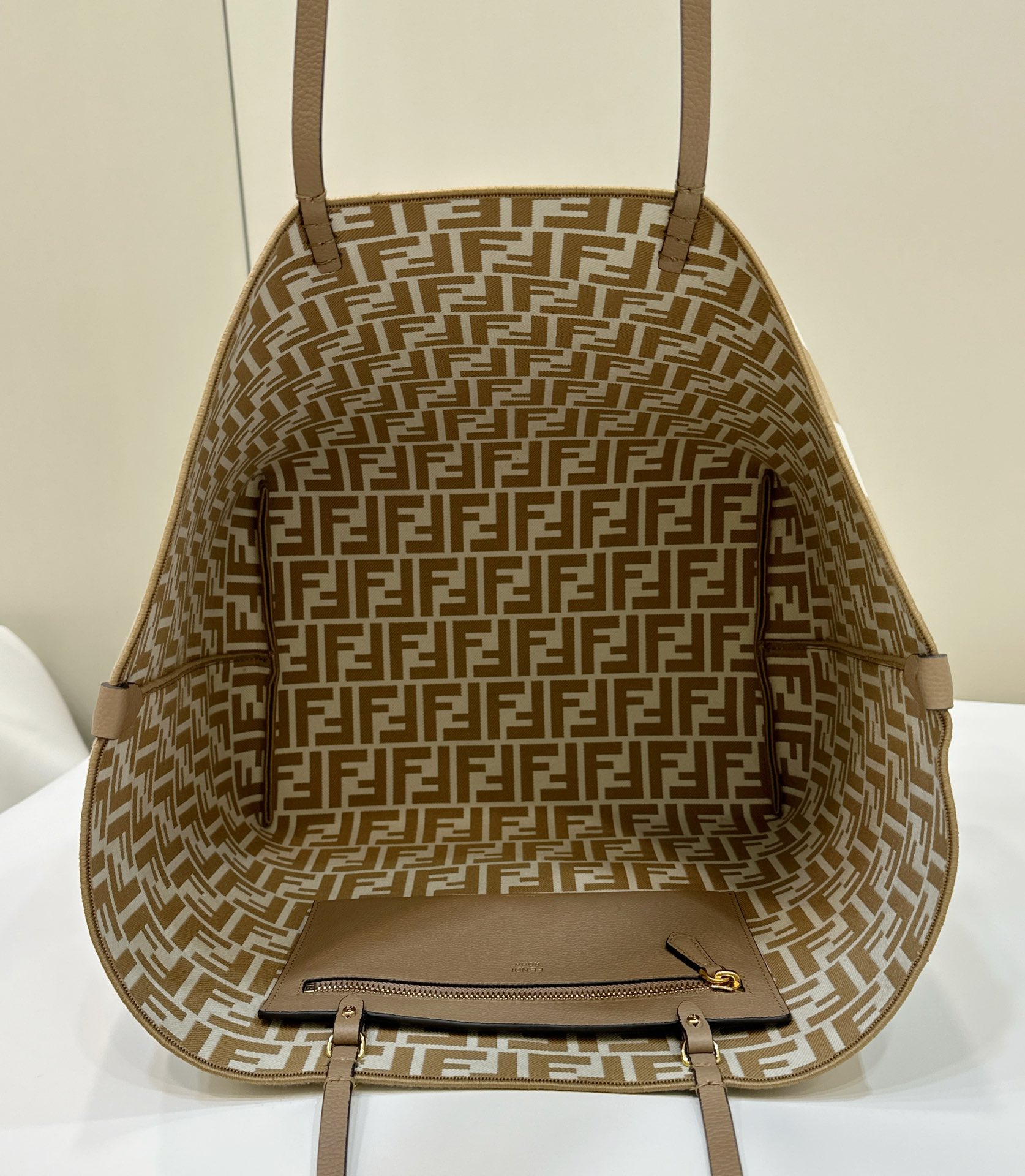 Fendi Large Roll Reversible Shopper Bag in Pequin Striped and Midnight Beige FF Fabric